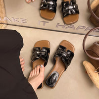 Women's Flat Block Heel Slides, 2026 Summer Outdoor Fashion Woven Slides, Versatile Elegant One-Strap Slippers