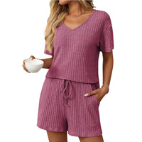Solid-color Ribbed Sleepwear Short-sleeve Loungewear Set