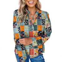 Retro Printed Chiffon Blouse Womens Textured Long-Sleeve Top