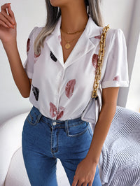 Women   Elegant Notched Lapel Feather Loose Short Sleeve Shirt