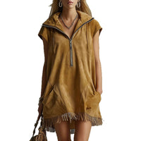 Casual Western-style Zippered Collar Tasseled Suede Dress