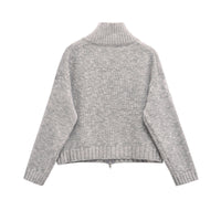 Spring Zipped Stand Collar Short Long Sleeve Knitted Coat
