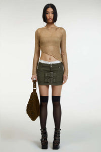 Crew Neck Personality Irregular Sexy Midriff Outfit Sheer Long Sleeve Knitwear