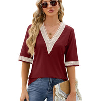 Womens Loose Top With Golden Lace Panels And Three-Quarter Sleeves