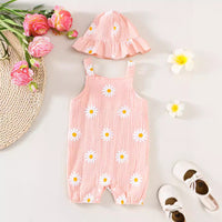 Small Chrysanthemum Printed Double-sided Wrinkle One-piece Shorts Hat Two-piece Set