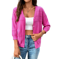 Women's Thin Cape 34 Sleeve Hollow-out Knitted V-neck Cardigan
