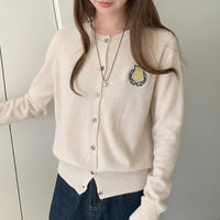 College Style Badge Embroidered Knitted Cardigan For Women