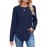 European And American Leisure Round Neck Long Sleeve Curved Hem T-shirt