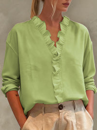 Womens Casual Long-sleeve V-neck Blouse With Lace Trim