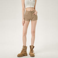 Khaki High-waisted Double-button American-style Womens Denim Shorts
