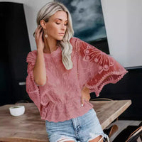 Womens New Arrival Lace Trim Top Short-Sleeve Shirt Loose Batwing Sleeve