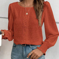 Womens Casual Top With Dotted Lace Trim And Lantern Sleeves