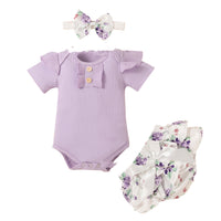 Short Sleeved Romper Floral Shorts Bow Headdress Set