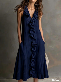 Solid-color Sleeveless Cotton-Linen V-Neck Maxi Dress With Ruffled Hem