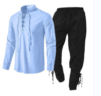 Men's Long Sleeve Linen Cotton Shirt Casual Solid Color Two-Piece Set