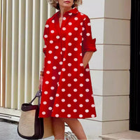 Elegant Polka-dot Printed Shirt-collar Mid-length Dress With Long Sleeves