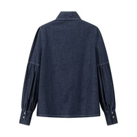 Washed Dark Blue Casual All-match Lace-up Bow Denim Shirt