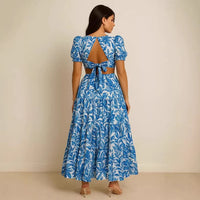 Womens Midriff-baring Backless Lace-up Printed Dress