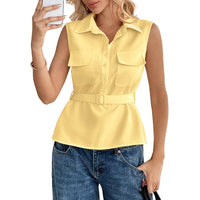 Casual Yellow Sleeveless Belted Cardigan Shirt