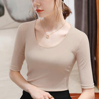 Women's Elegant Scoop Mesh T-shirt Solid Color Waist Stretch Top