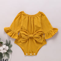 Girls' Solid Color Long Sleeve Bowknot Romper