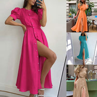 Solid-color Sophisticated High-waisted Shirt-style Split Dress