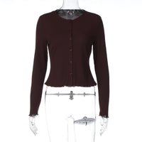 Cardigan Button Top Slim-fit Long-sleeved Wavy T-shirt