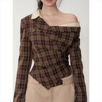 Plaid Off-the-Shoulder Fake Two-Piece Long-Sleeve Shirt For Women
