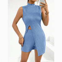 Asymmetric Hem Slit Crew Neck Casual Set