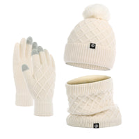 Autumn And Winter Hat Scarf Gloves Knitted Hat Amazon Outdoor Fleece-lined Warm Fur Ball Thickened Woolen Cap Three-piece Set