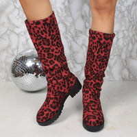 Leopard-print Suede Block-heeled Versatile Pleated Booties