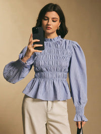 Ruffle-trimmed Versatile Striped Puff-sleeve Slim-fit Blouse