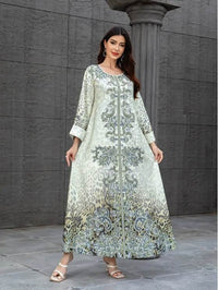 Elegant Floral Print Long Sleeve Abaya Dress