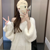 Idle Style V-neck Mink Fur Pullover Women's Mid-length Sweater