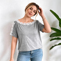 Casual Lace Solid Color Loose Crew Neck Womens T-Shirt
