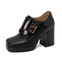 Square-toe Patent Leather Buckle Pumps Thick-soled High Heels
