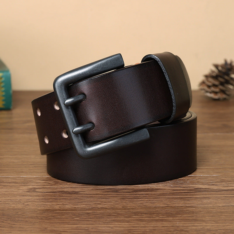 Double Pin Buckle Belt Men's Genuine Cattlehide Leather Surface All-match Casual Special Forces Belt