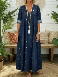 V-neck Loose-fit Printed Star Denim Dress For Women