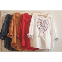 Womens Embroidered Lace-Trimmed Collar Puff-Sleeve TopBlouse