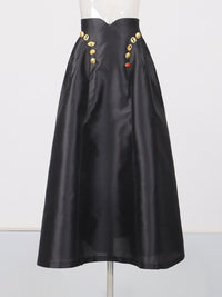 Irregularly Shaped Button-decorated Pleated Midi Skirt