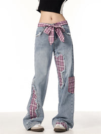 Bowknot Loose Sweet Cool Plaid Stitching Jeans Women's Straight Wide Leg Pants