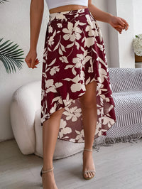 Women's Elegant Floral Print Ruffle Hem Midi Asymmetric Skirt