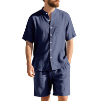 American Linen Suit Men's Summer Two-piece Suit Henry Collar Beach