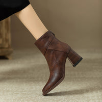 Women's Chunky Heel Boots Brown British Style Retro