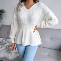 Women's Lantern Sleeve Waist-Defined Hem Ruffle Knitted Sweater