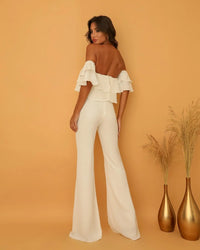 European And American Women's Clothing Collar Ruffled Solid Color Jumpsuit