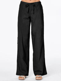 Solid-color Drawstring-pocket Loose Casual Wide-leg Linen Pants