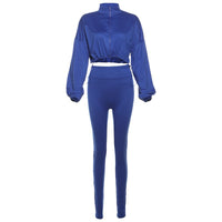 Drawstring Waist Zippered Midriff Baring Top Paired With High Waisted Solid Color Slim Fit Pants