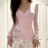 Retro Floral-print Ribbed V-neck Slimming Casual Long-sleeve Top