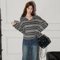 Striped Button Hooded Long Sleeve Knitwear